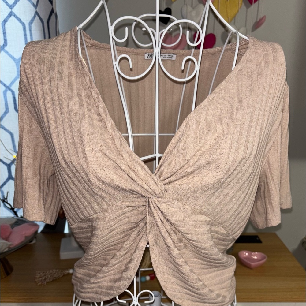 Zara Tan Twist-Front Crop Top Size Large